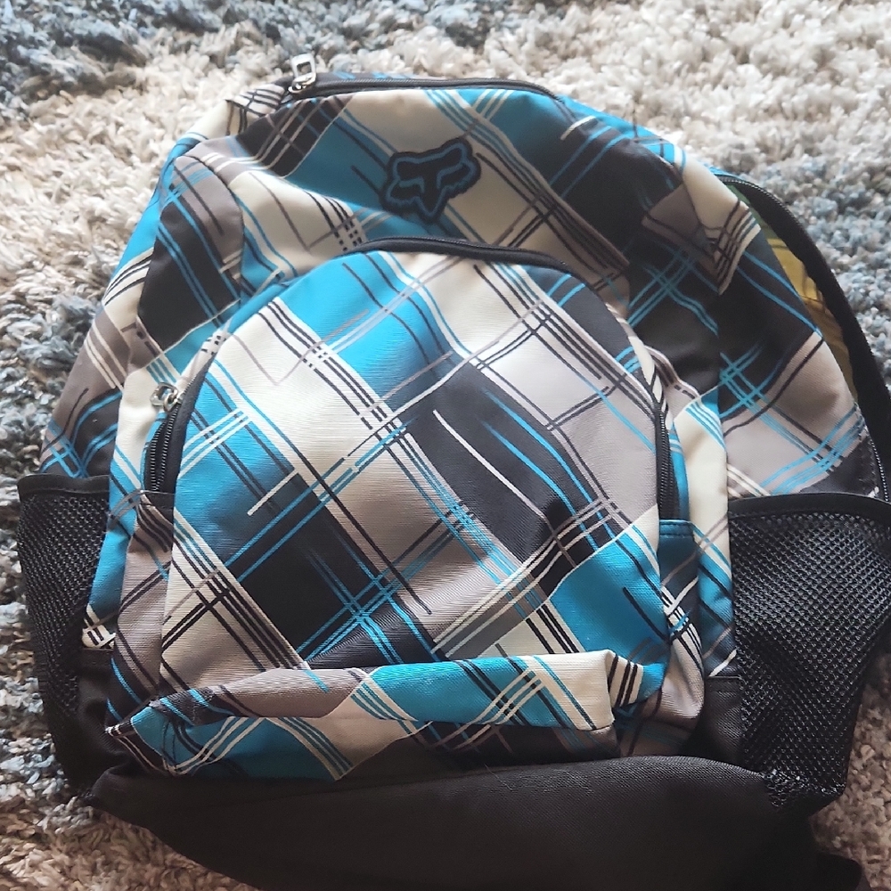 Fox Racing Blue and Black Plaid Backpack Y2K BMX